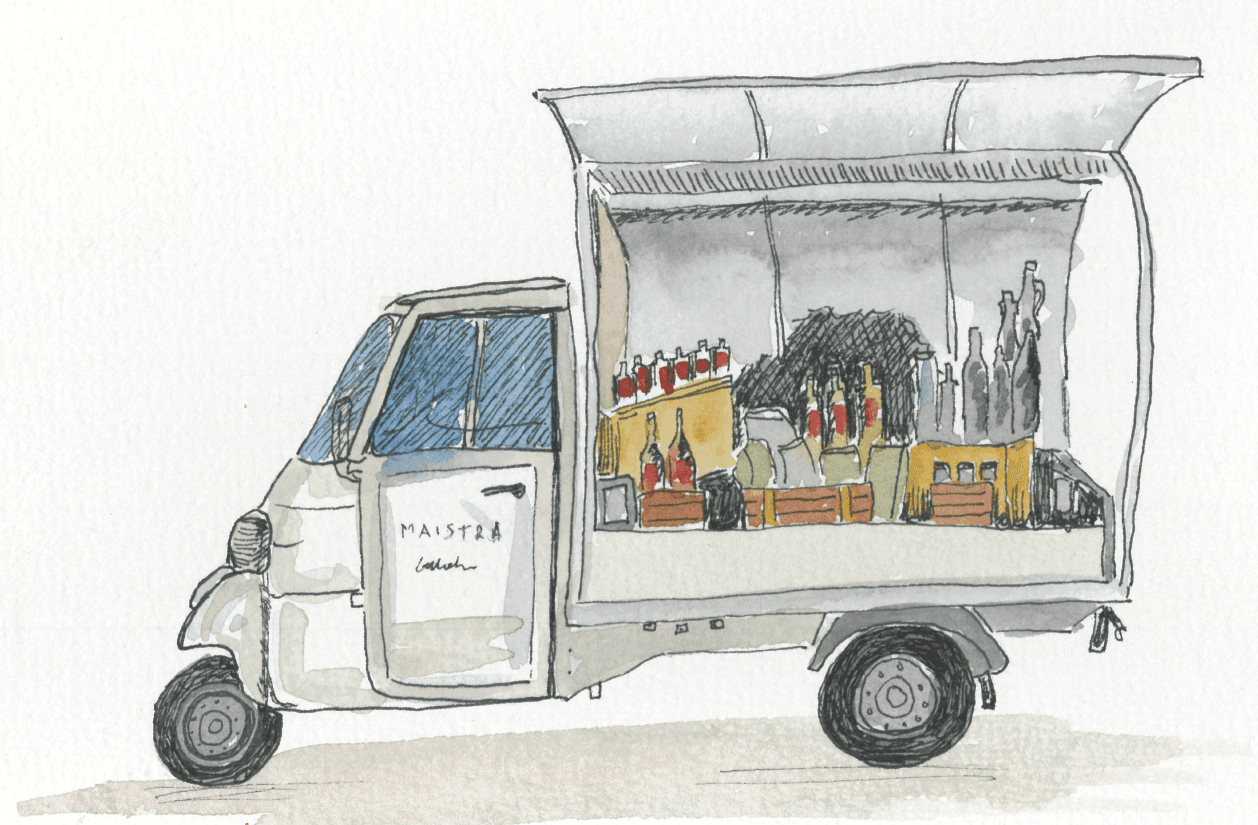 Watercolor sketch of market truck parked on quiet street