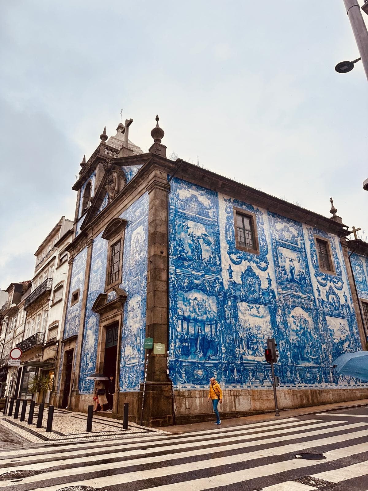 Historic azulejo church facade in Porto, street sightseeing