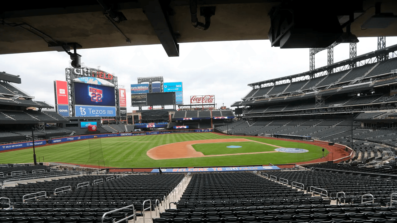 Empty baseball stadium field at urban ballpark, game-ready