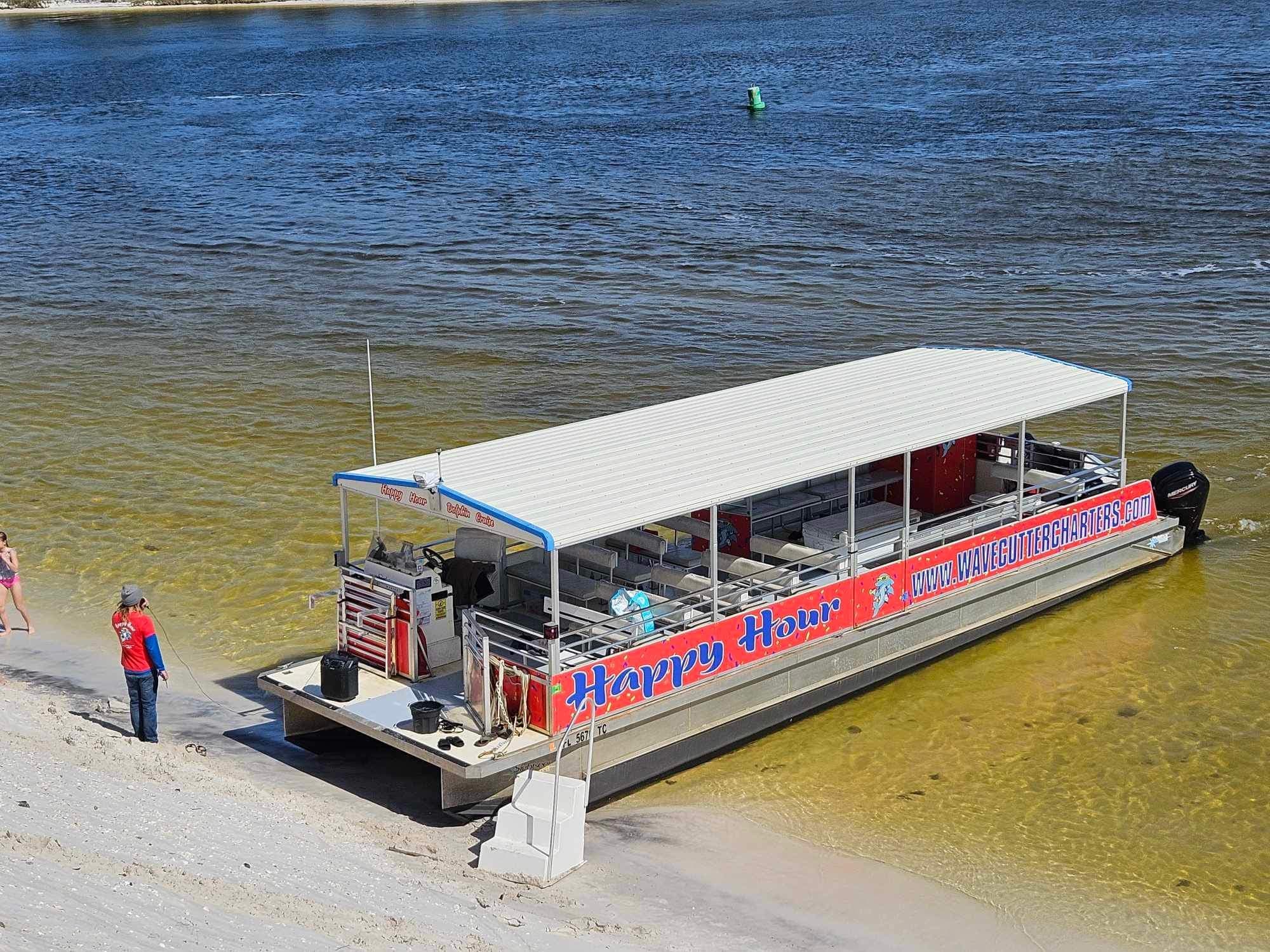 Covered charter pontoon docked on sandy shoreline for tours