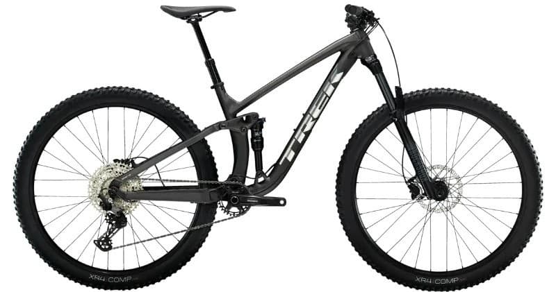 Aggressive full-suspension mountain bike studio shot for trails