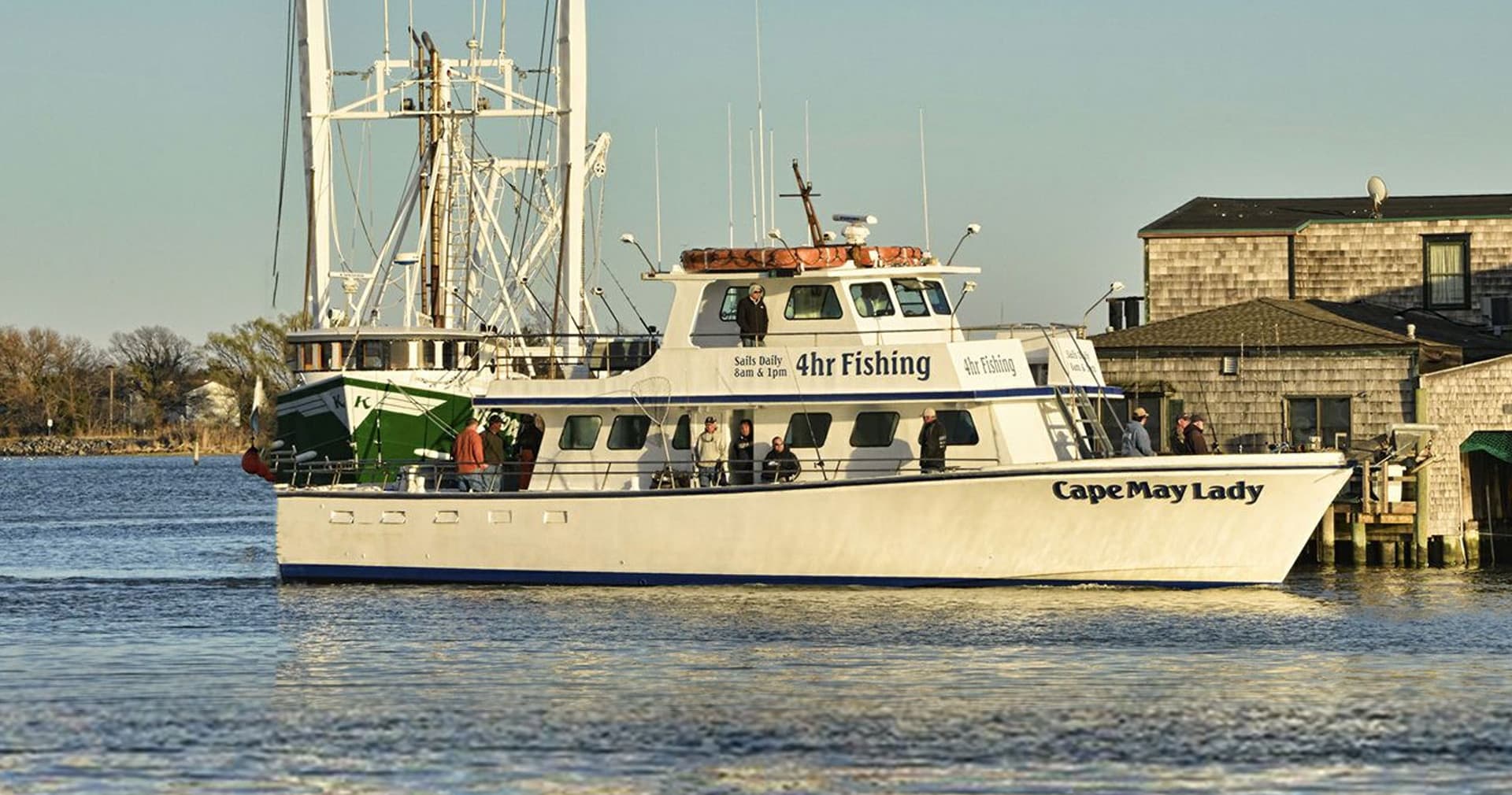 Cape May Lady fishing vessel docked with harbor view in Cape May