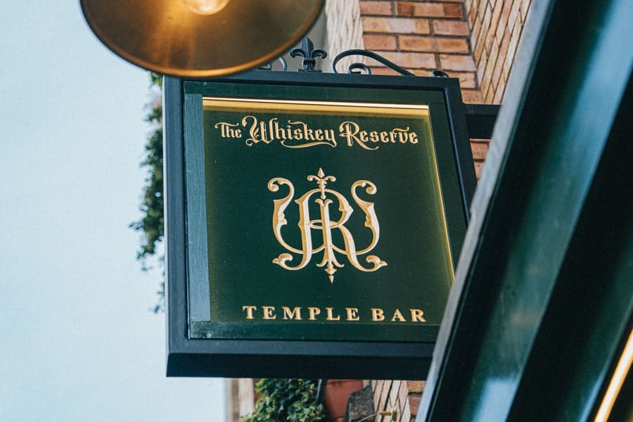 Green Temple Bar pub sign hanging outside on Dublin cobbled street