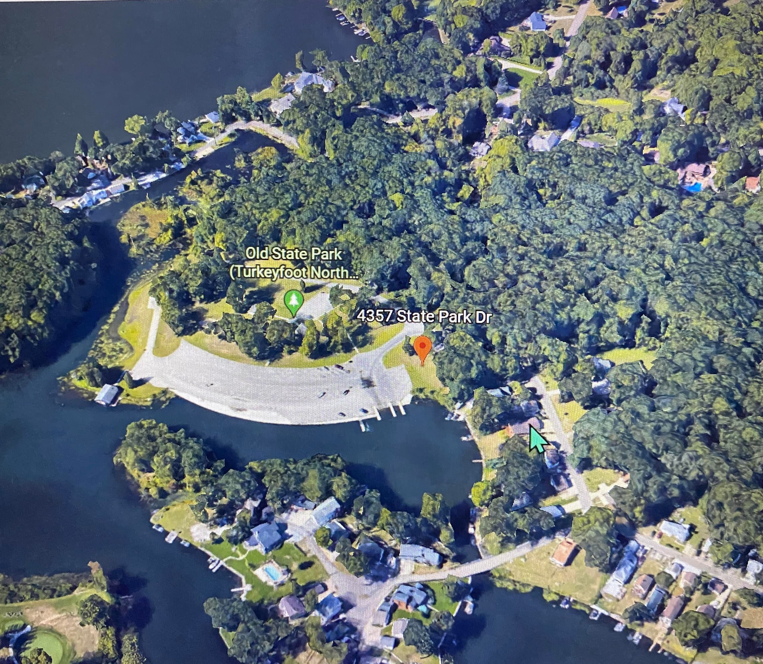 Aerial shoreline view of Portage Lakes park and waterways