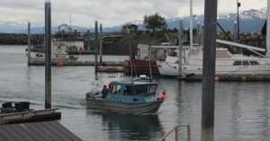 Fishing charter vessel returning to marina with coastal backdrop