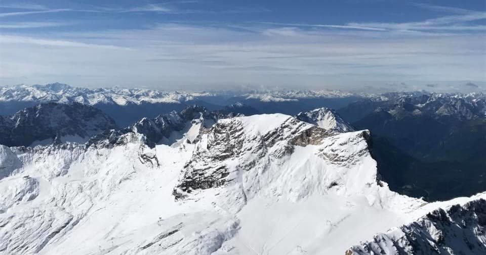 Snow-covered alpine peaks panorama in the Bavarian Alps, hiking view