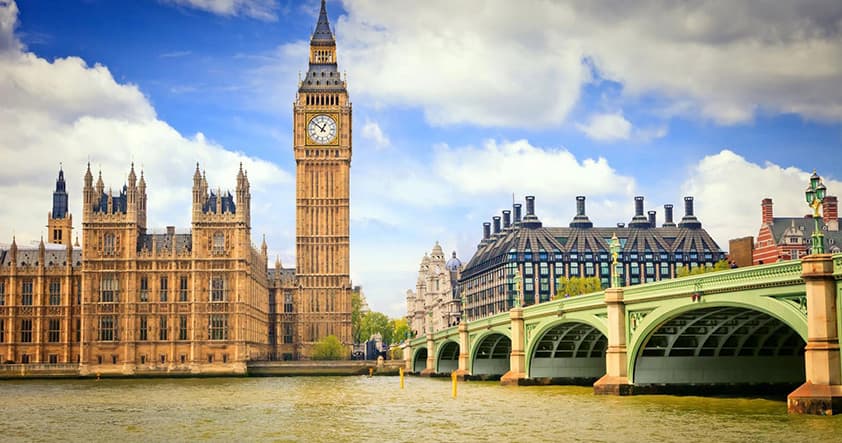 Panoramic view of Big Ben and Westminster Bridge, London