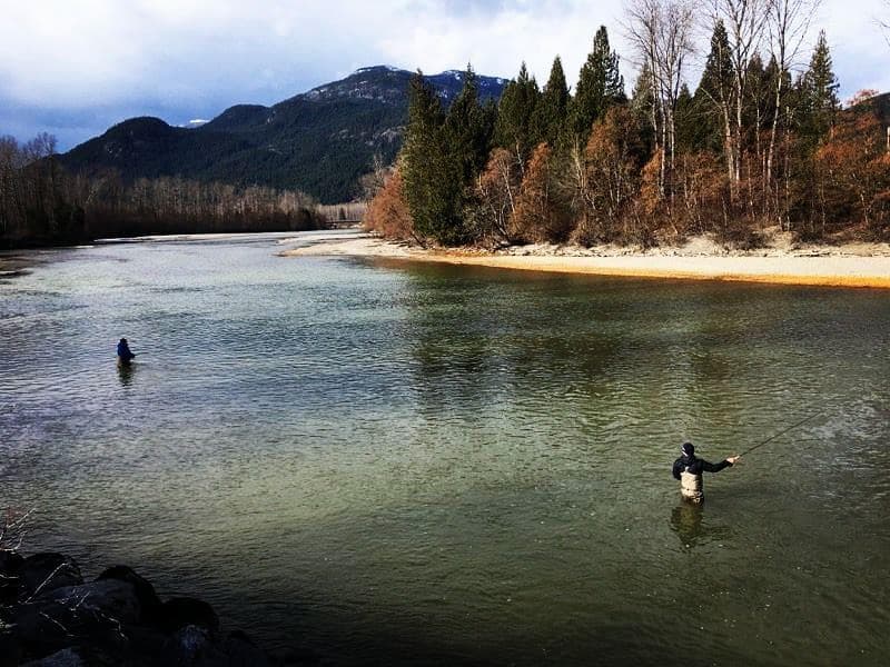 Two fly anglers wading in scenic mountain river, clear water