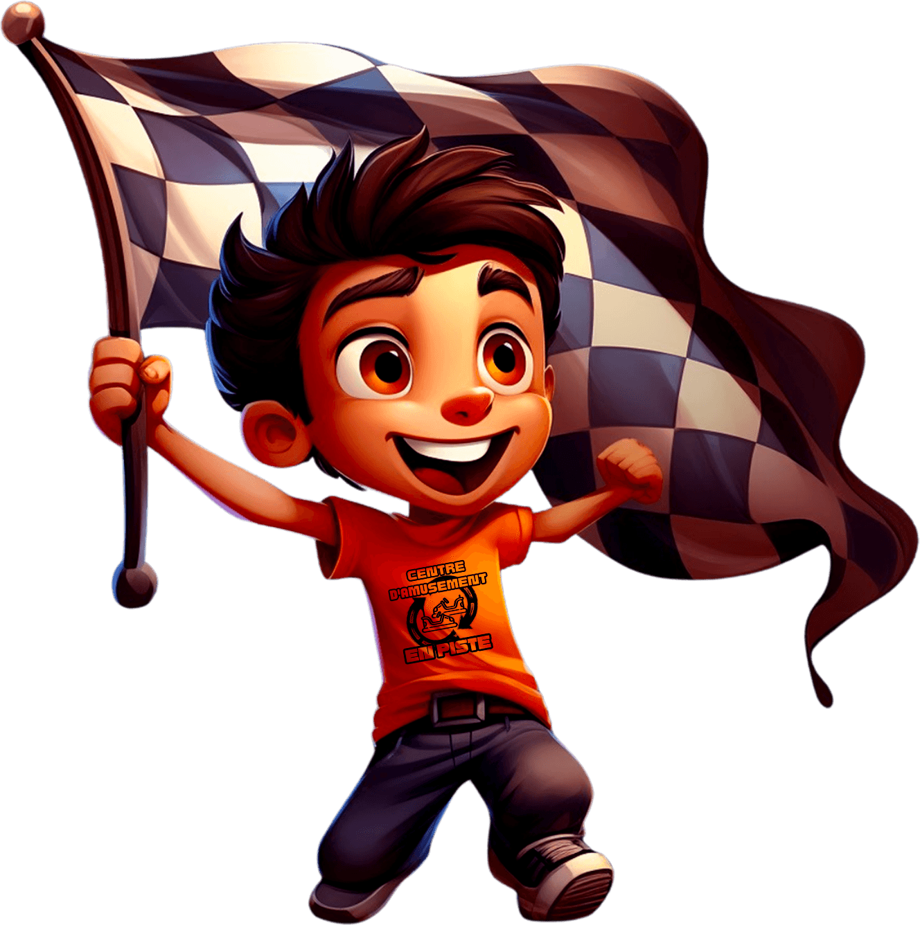 Boy waving checkered racing flag at go-kart track finish line