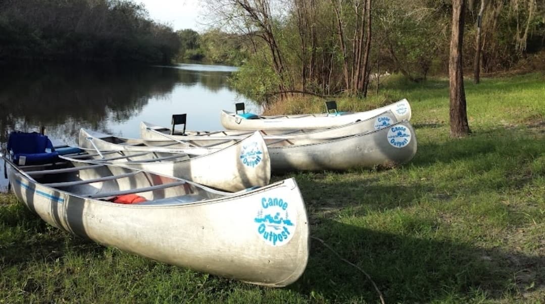 Canoes lined on grassy riverbank ready for guided paddling