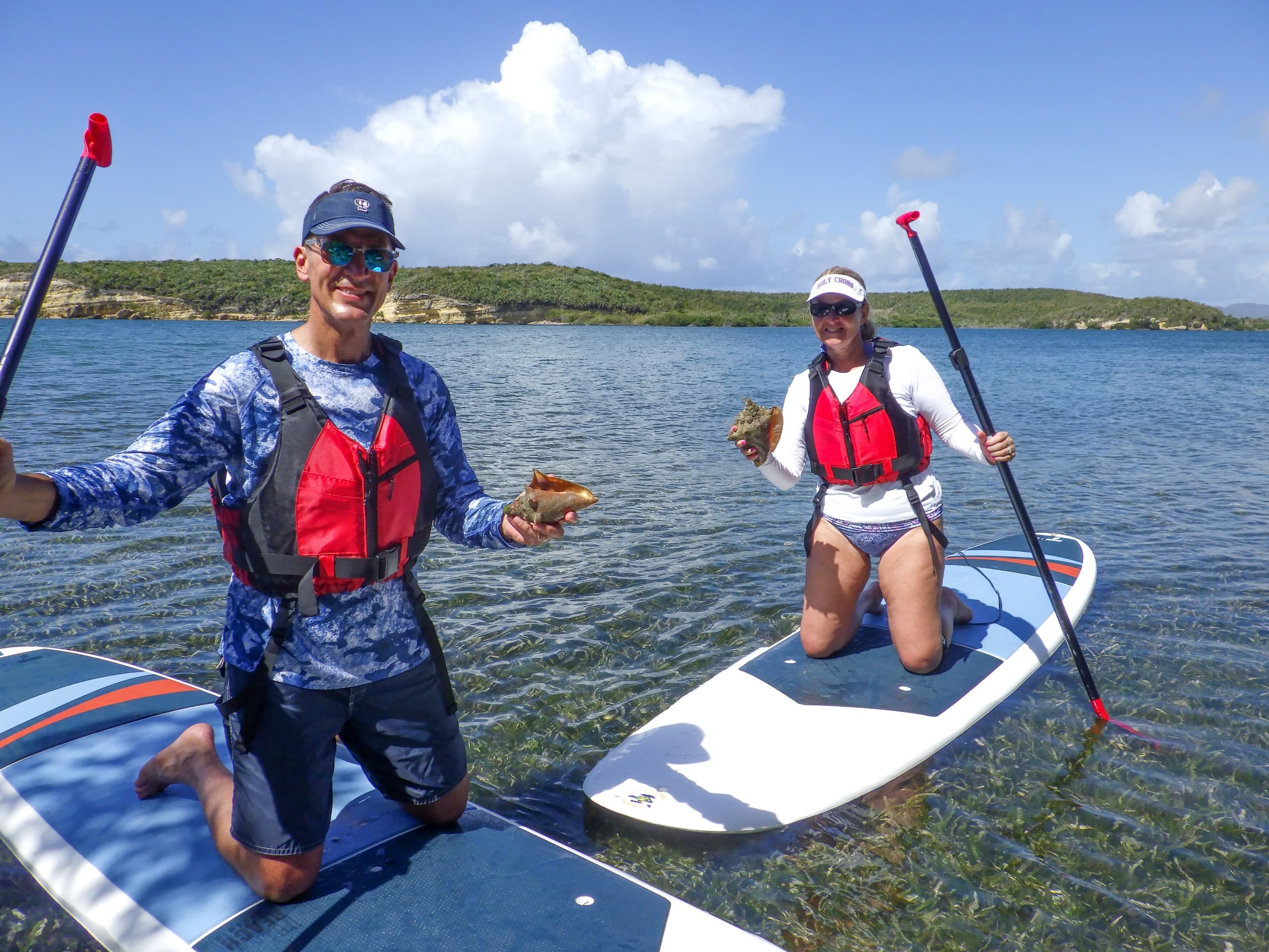 Couple paddleboarding in shallow coastal water holding shells on sunny day