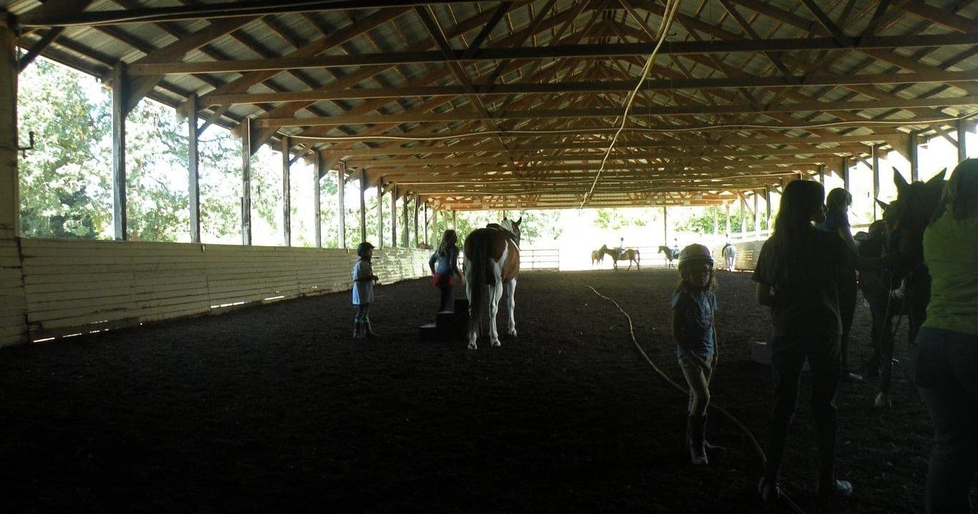 Group riding lesson with kids and horses in a covered indoor riding hall
