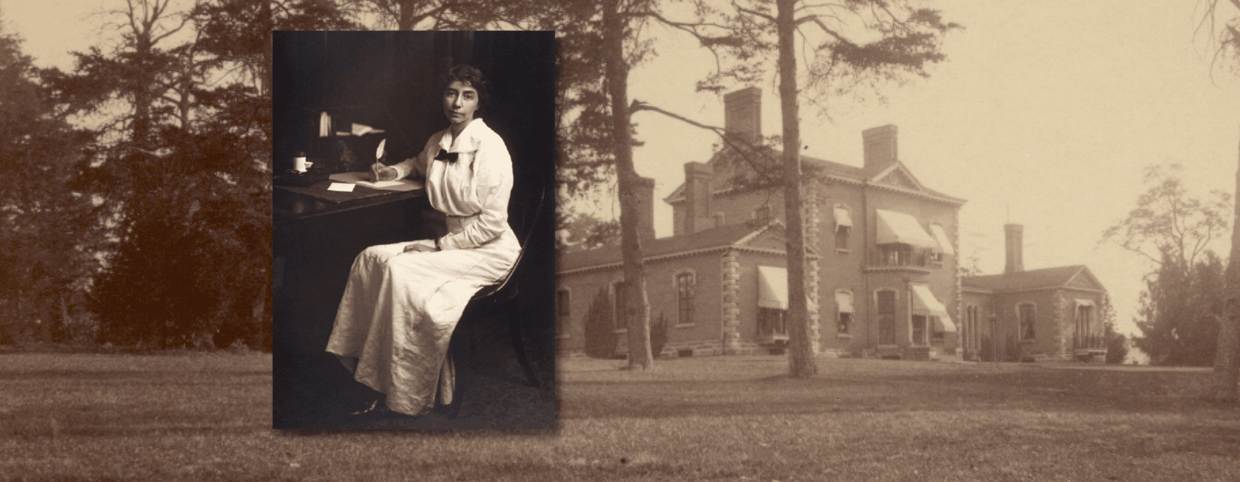 Vintage photograph of historic house and seated woman on grounds