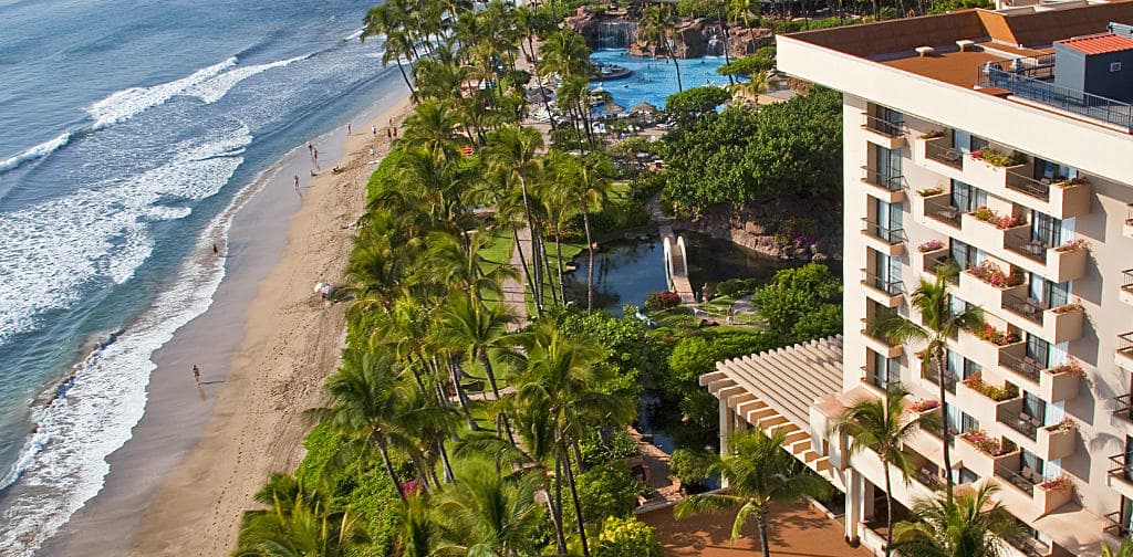Aerial view of Maui coastline and resort beachfront panorama