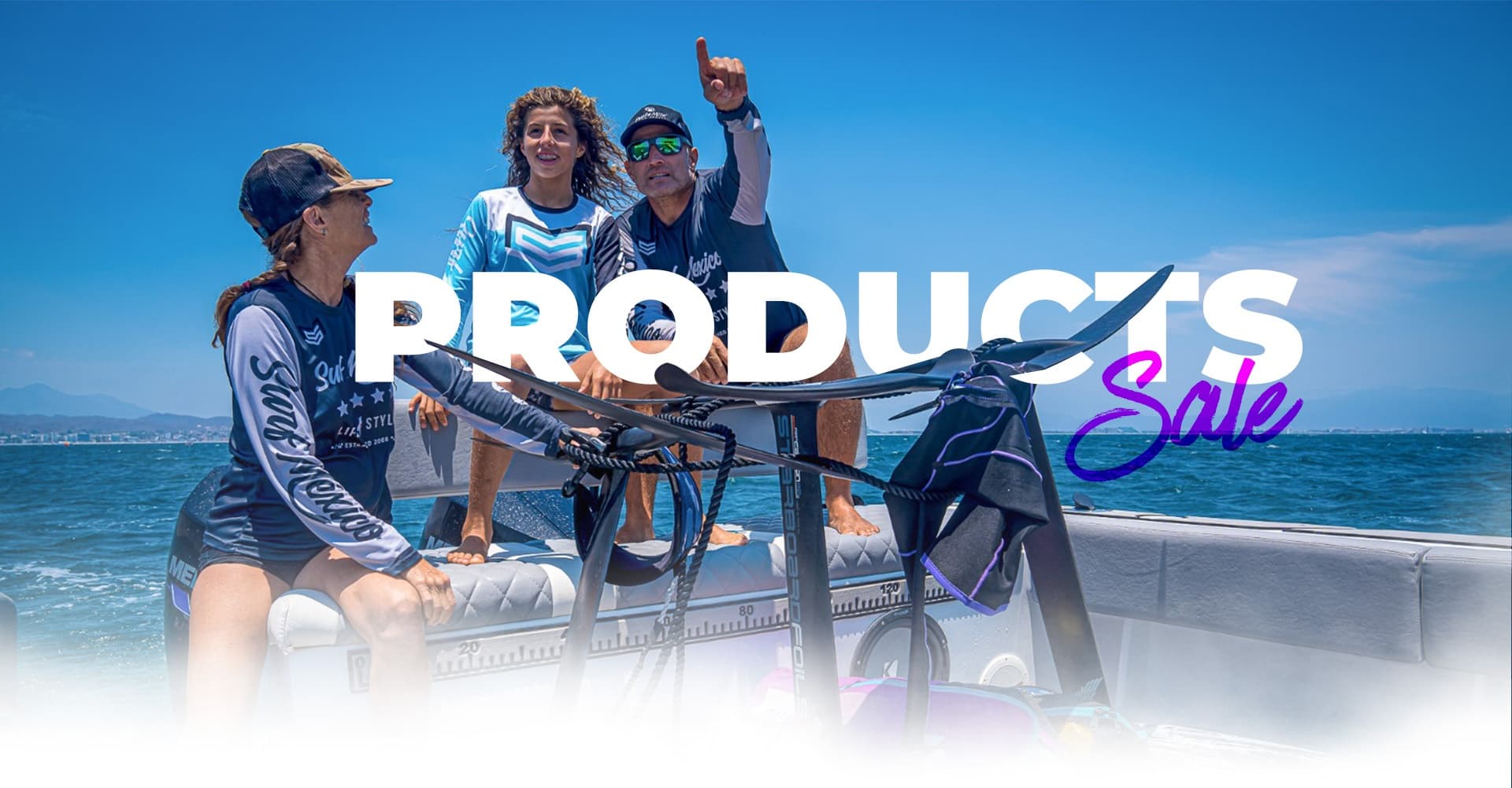 Group with rental gear promoting water sports products on beach