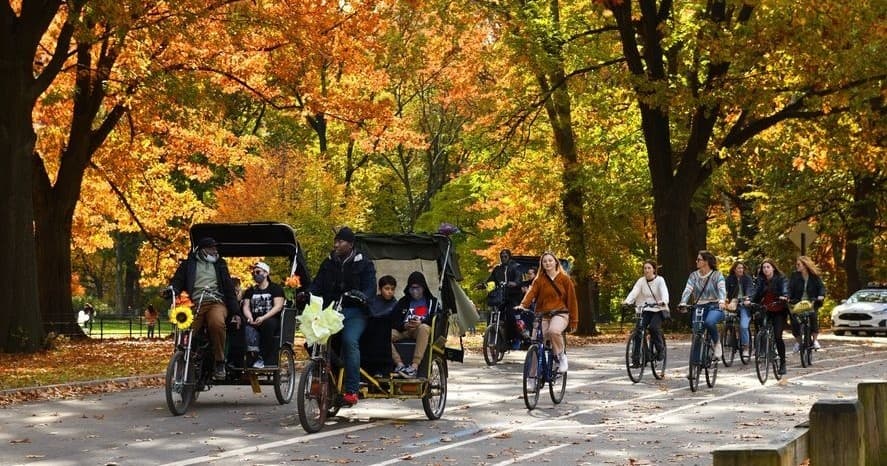 Autumn Central Park with horse carriages and cyclists on pathway