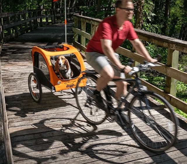 Parent cycling with child in orange trailer across a wooden bridge