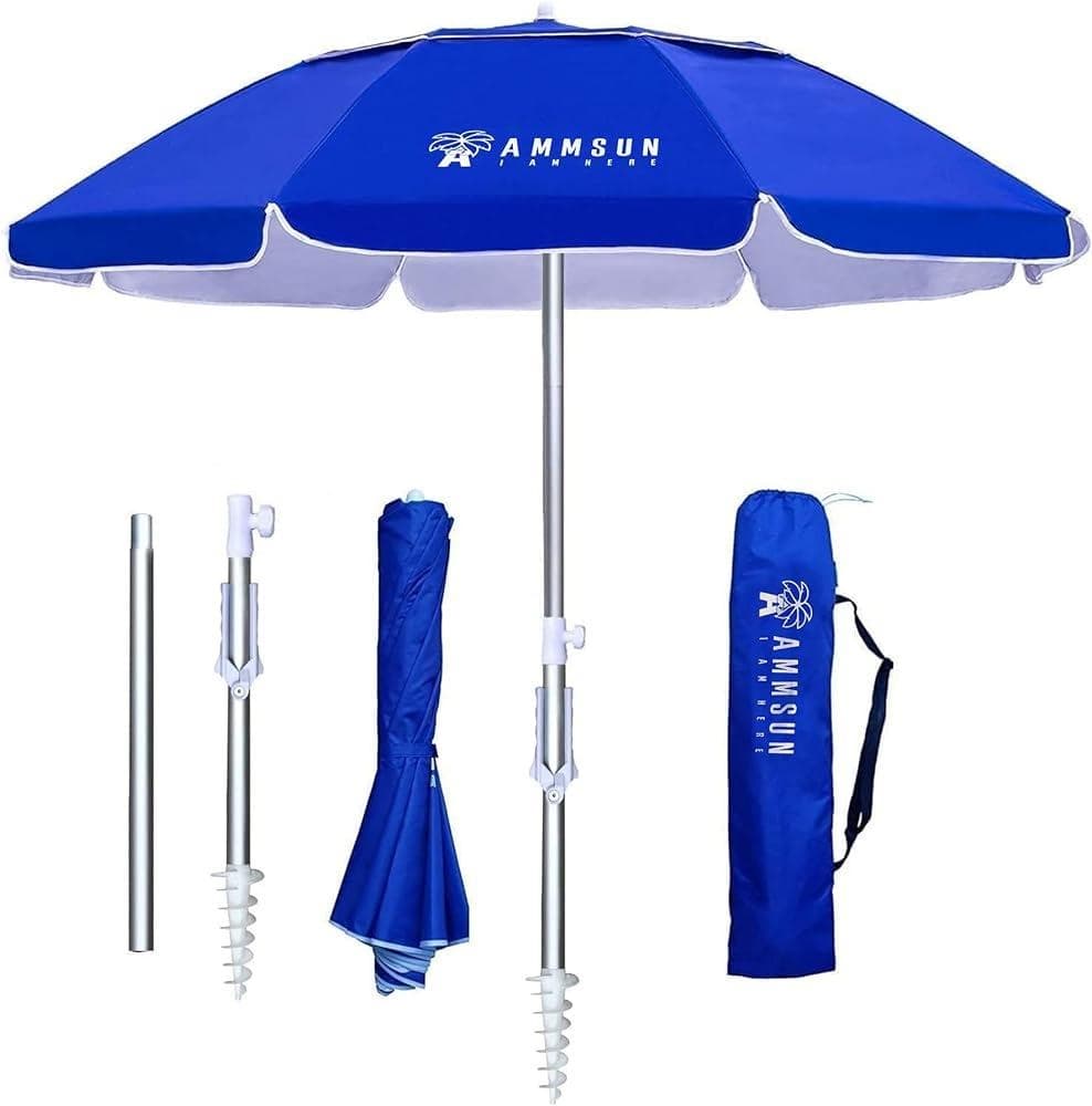 Blue beach umbrella kit with sand anchors for shoreline shade