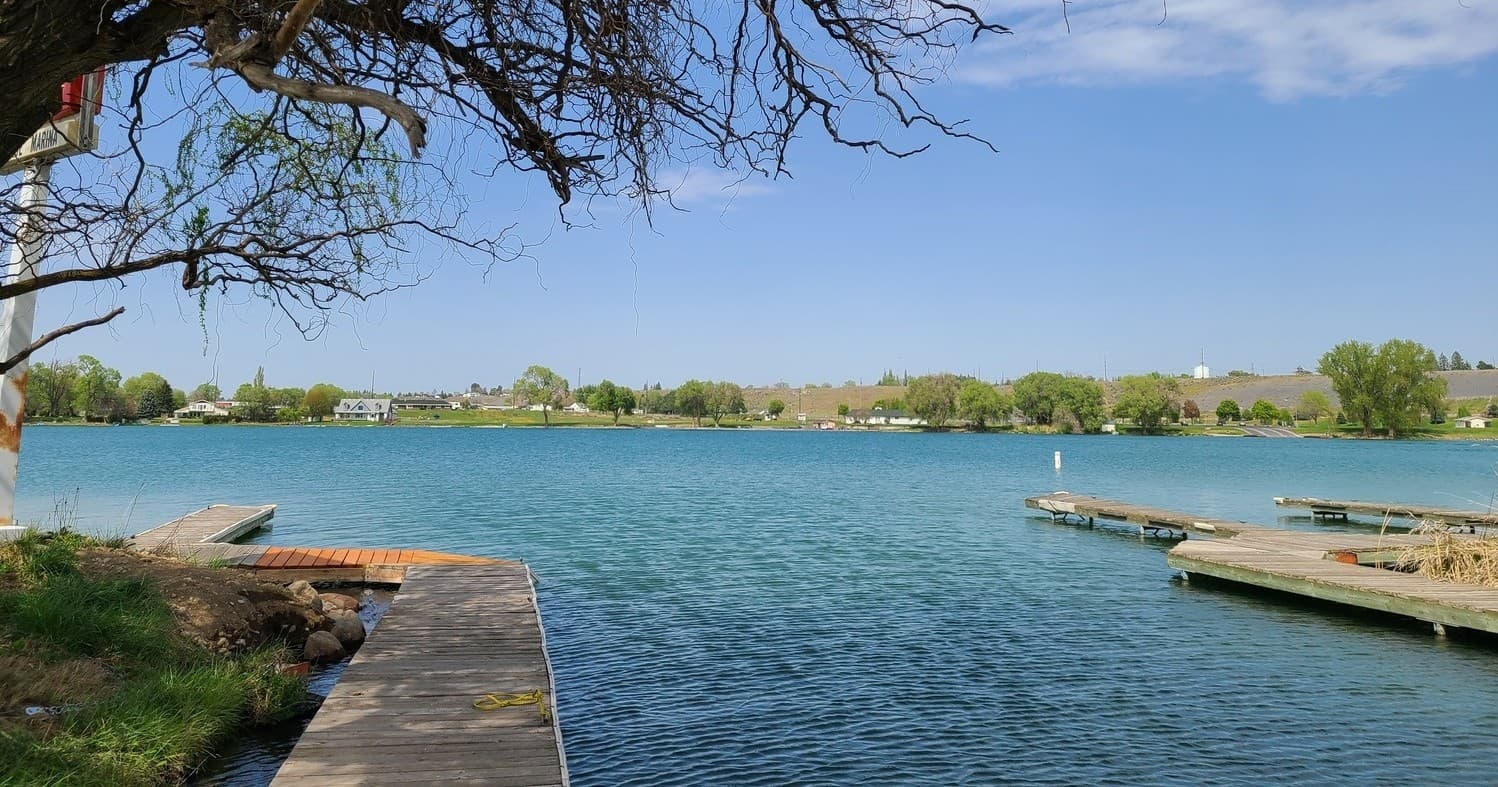 Wooden boardwalk leading to marina docks on Cascade Lake