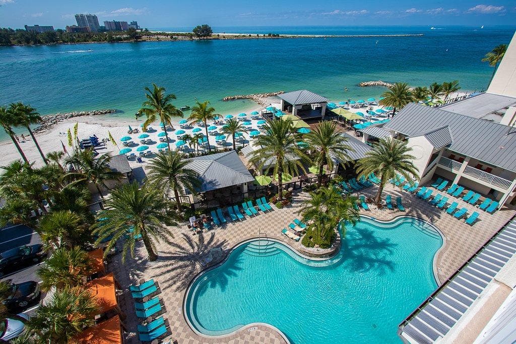 Aerial view of beachfront resort pool and palm trees near Clearwater Beach