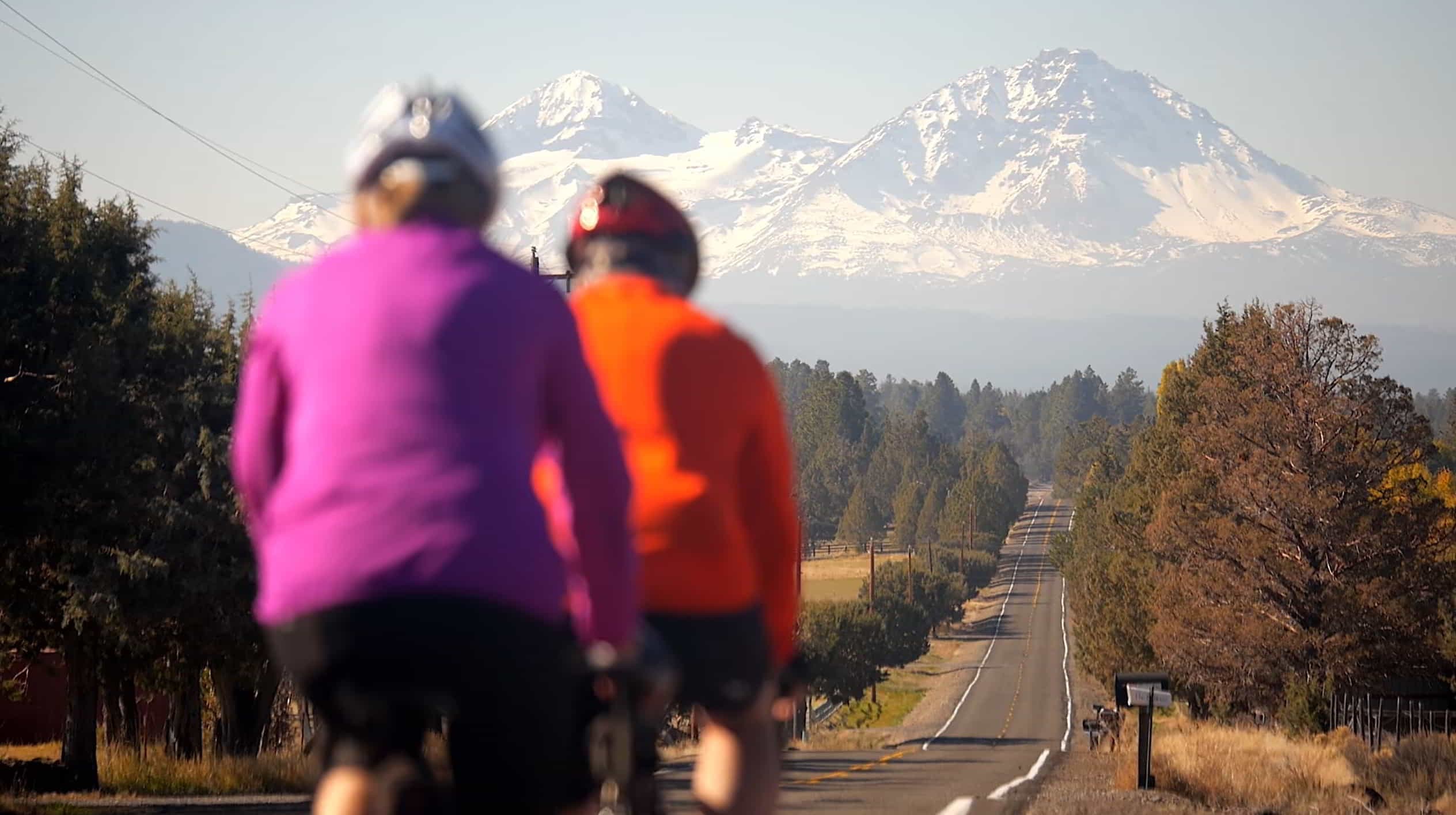 Cyclists road-biking toward snow-capped Cascade peaks on highway