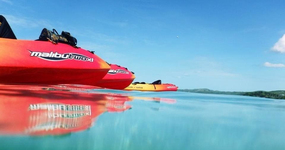 Red kayaks gliding on mirrored water with coastal horizon