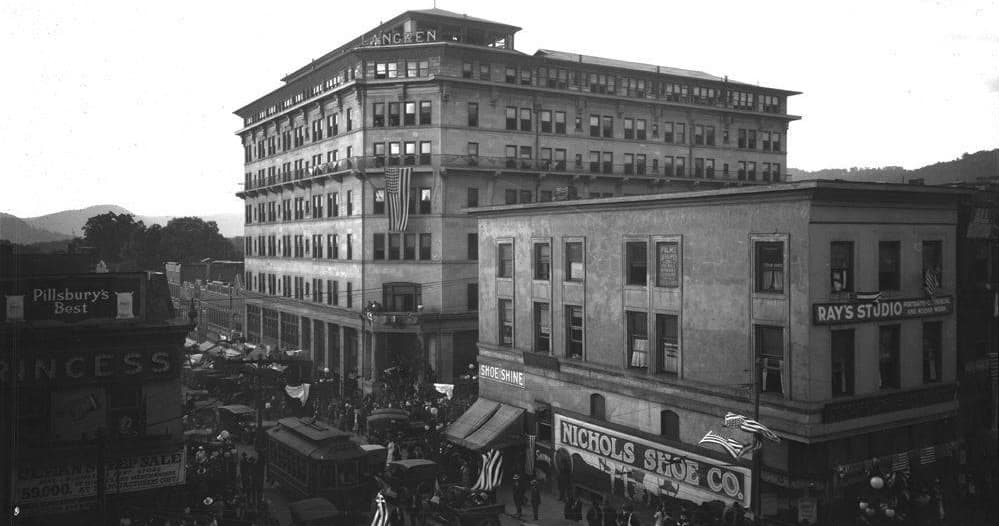 Historic downtown building exterior on urban street for sightseeing