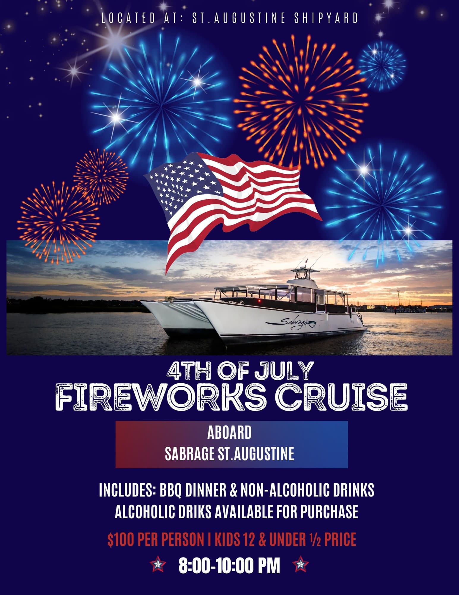 Fourth of July Fireworks Cruise Aboard Sabrage — St. Augustine Harbor BBQ & Front-Row Views