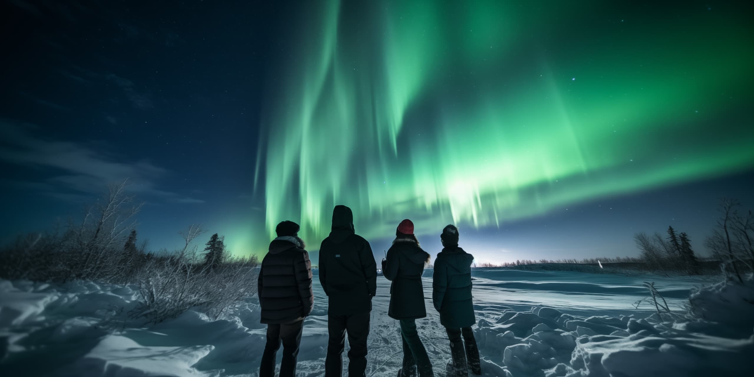 Visitors watching vivid northern lights over snowy shoreline