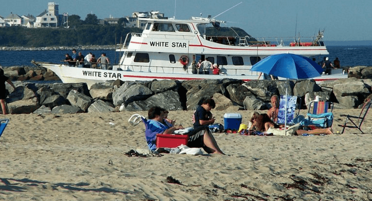 Beachgoers relaxing on sandy shore near sightseeing ferry boat