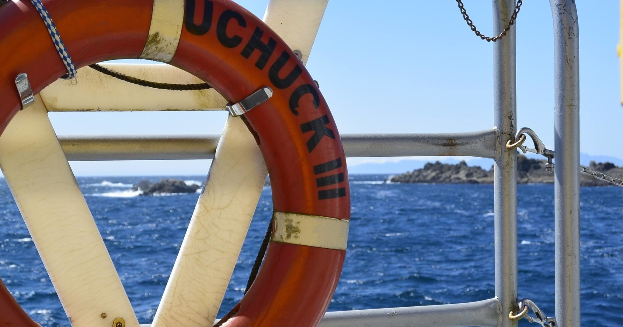 Life ring and railing framing deep blue ocean views on deck safety