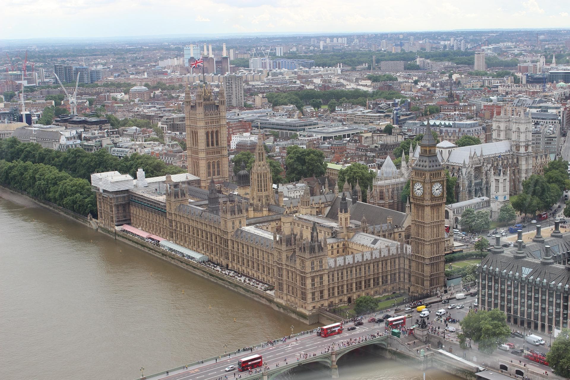 Aerial view of Palace of Westminster and surrounding Thames