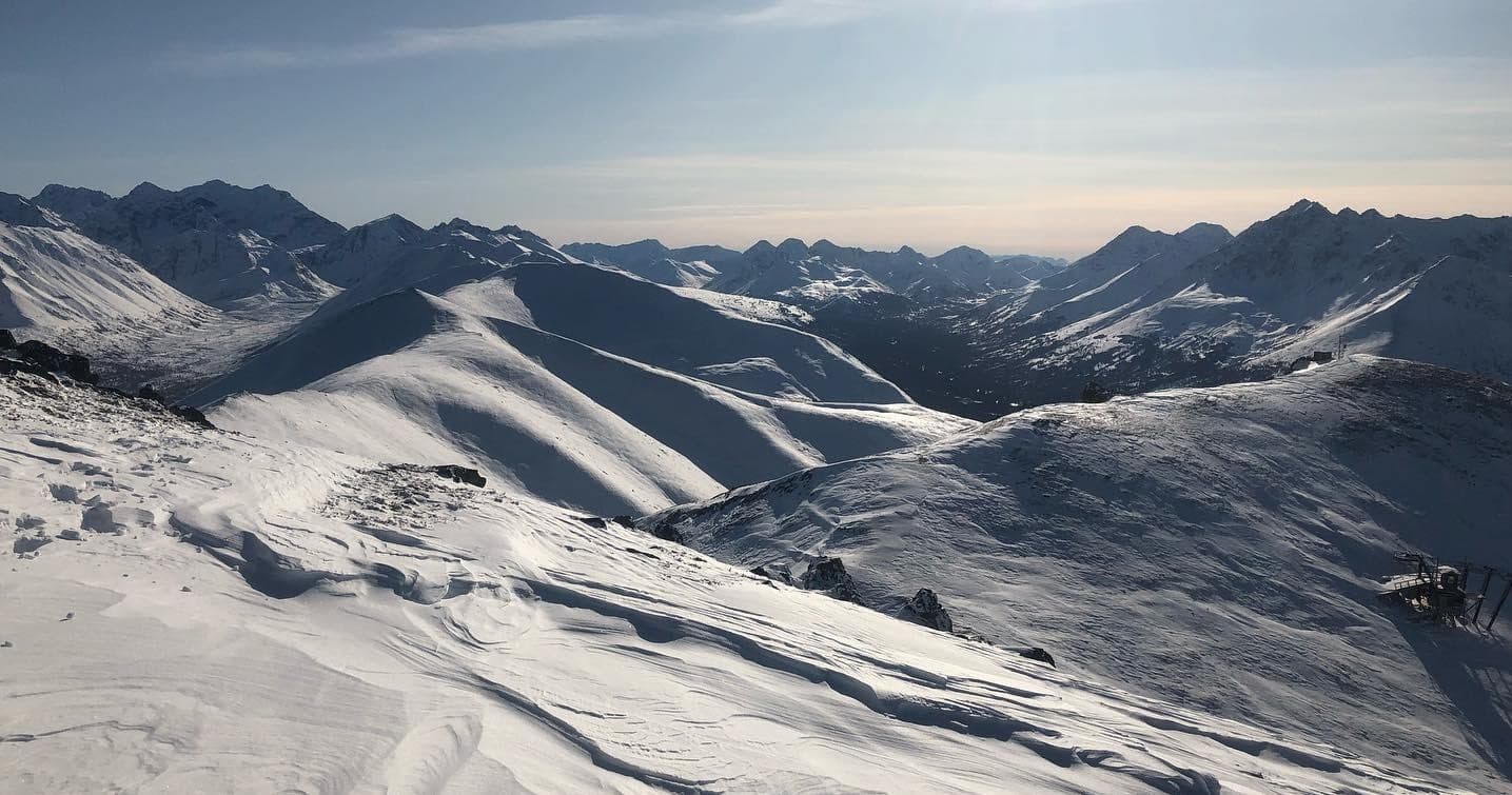 Snow-covered mountain ridge panorama, backcountry ski terrain