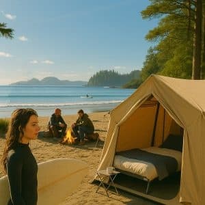 Seaside glamping tent and surfboard by coastal campfire