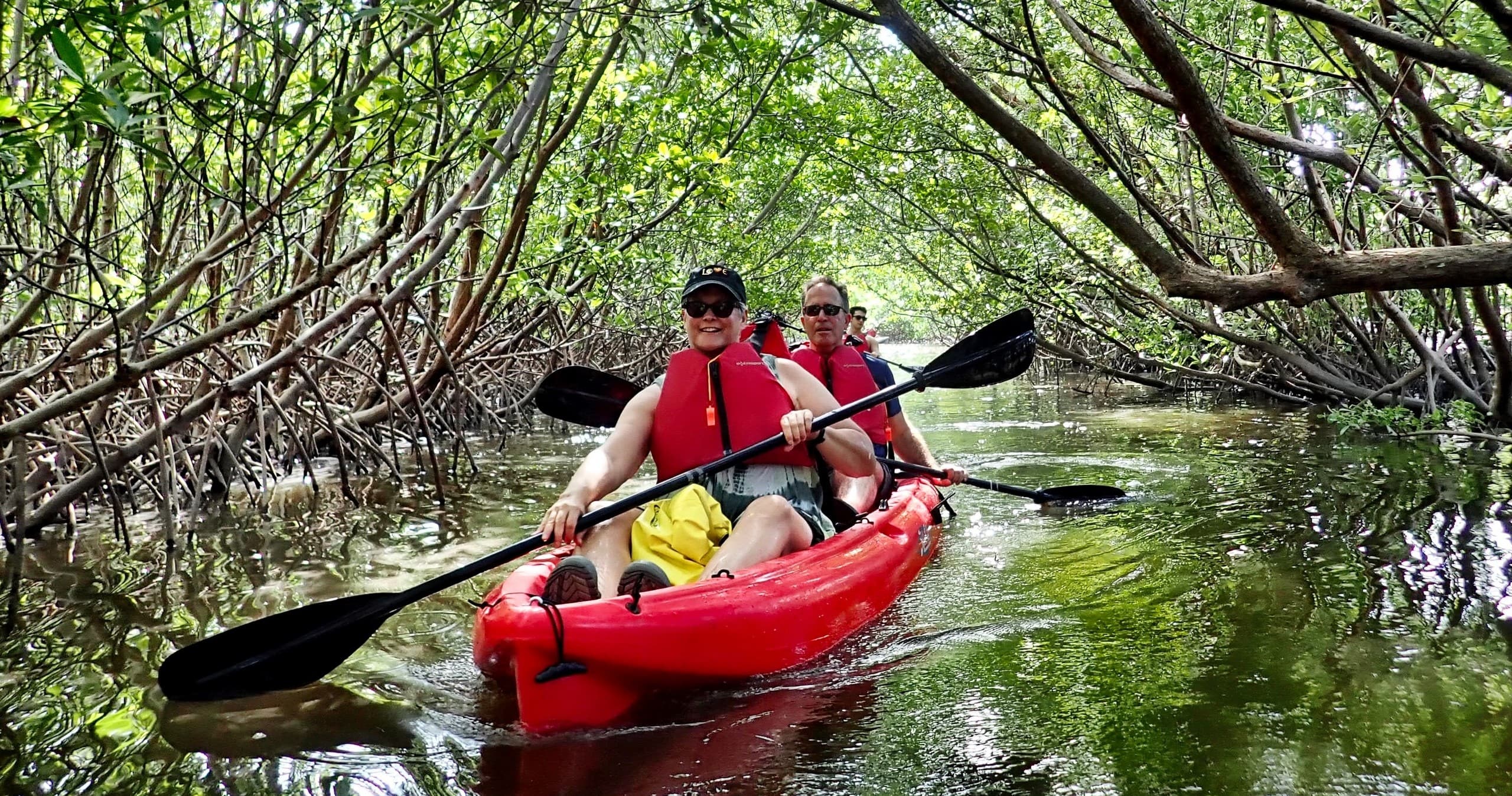 Two-person kayak navigating narrow mangrove tunnel waterway