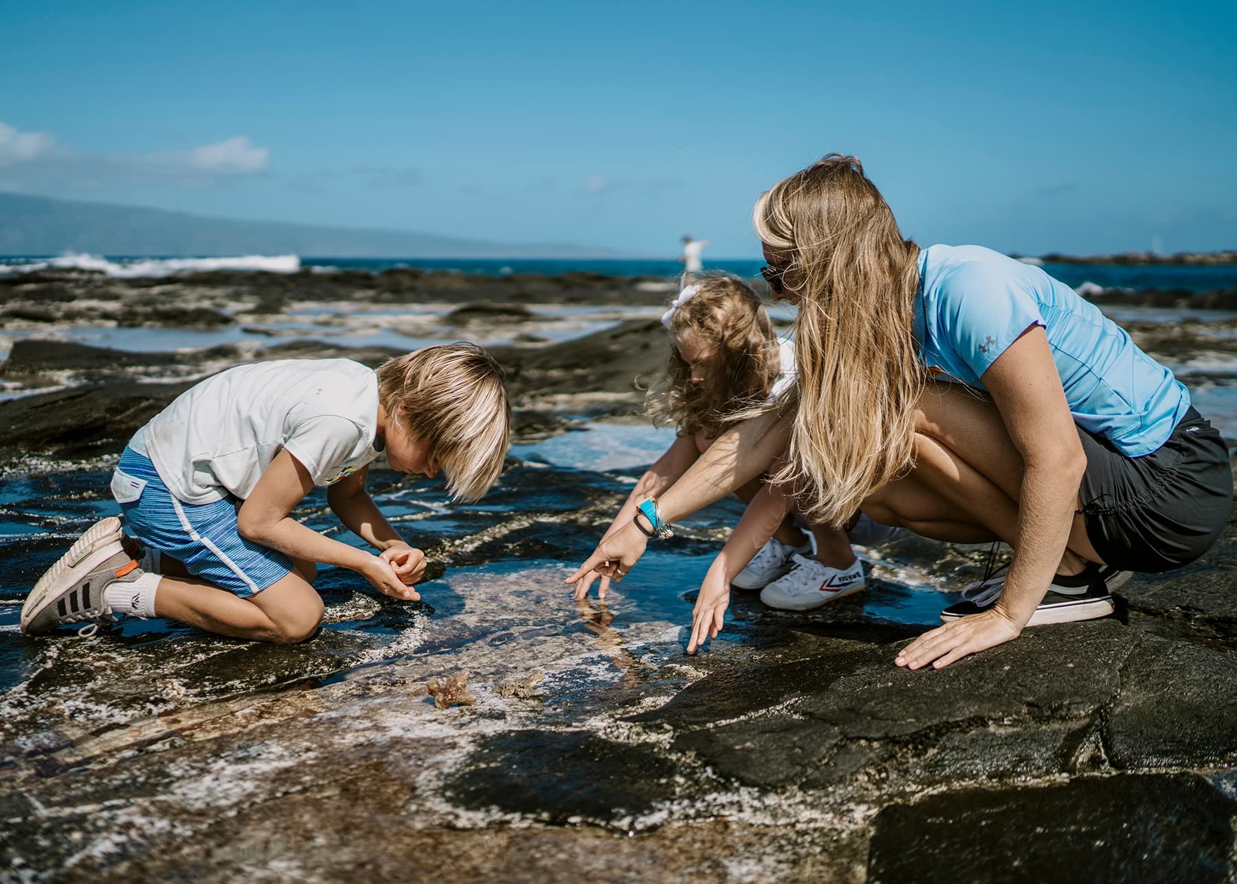 Family exploring tide pools on volcanic shore at Maui