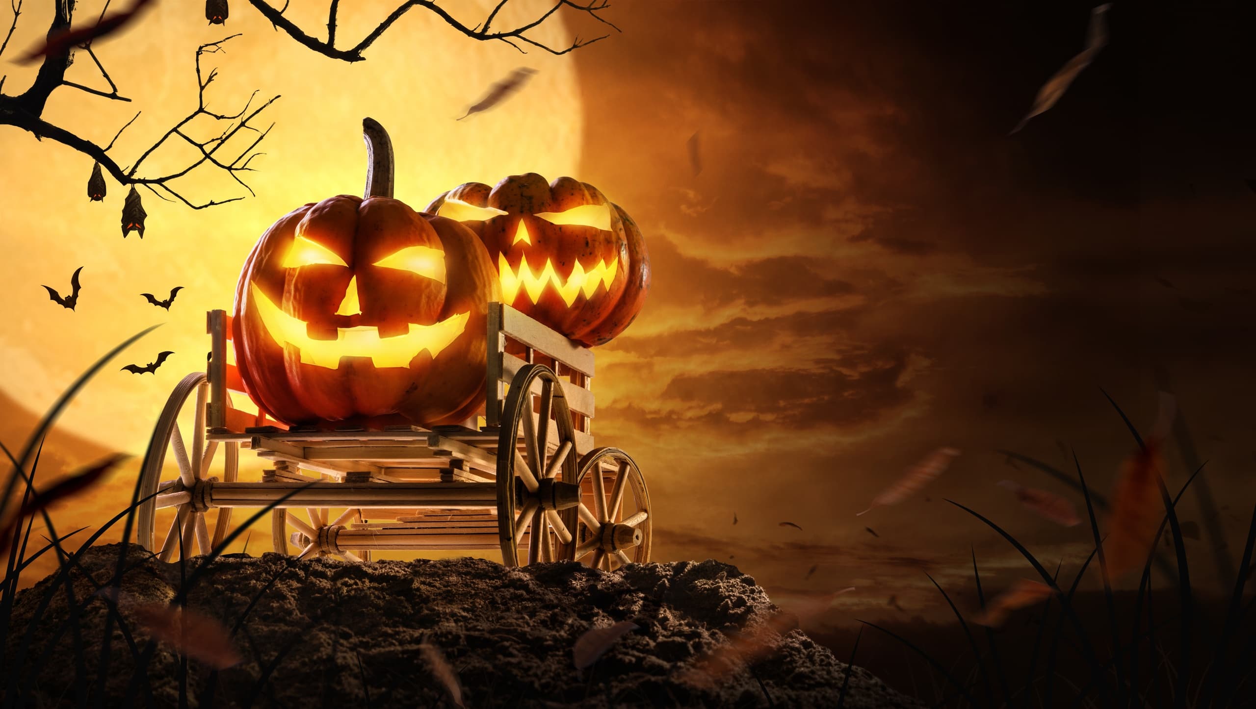 Jack-o'-lanterns on wooden cart in spooky autumn field