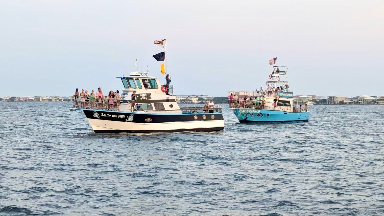 Two sightseeing boats cruising coastal waters on calm day
