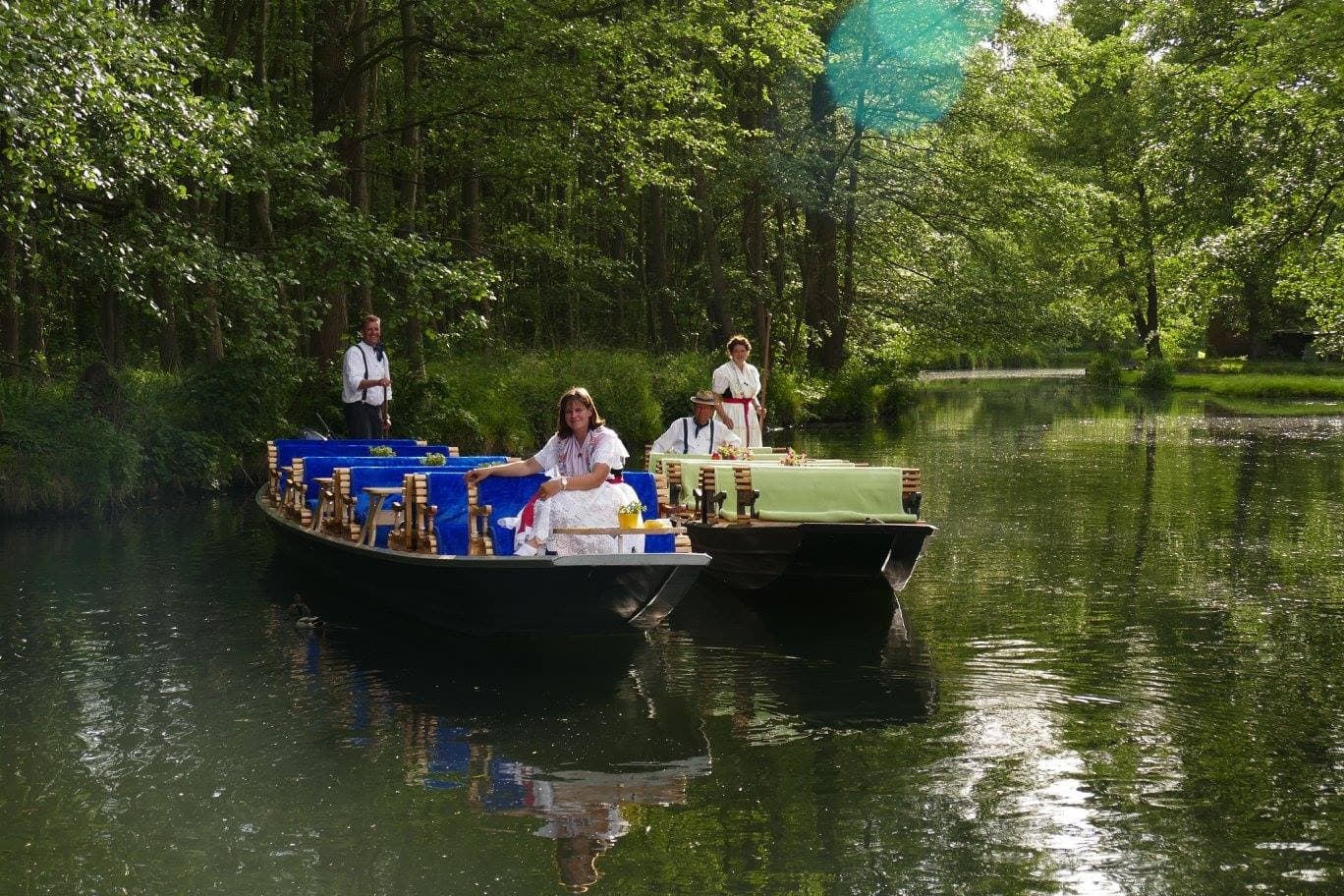Spreewald punt boats gliding through willow-lined canals