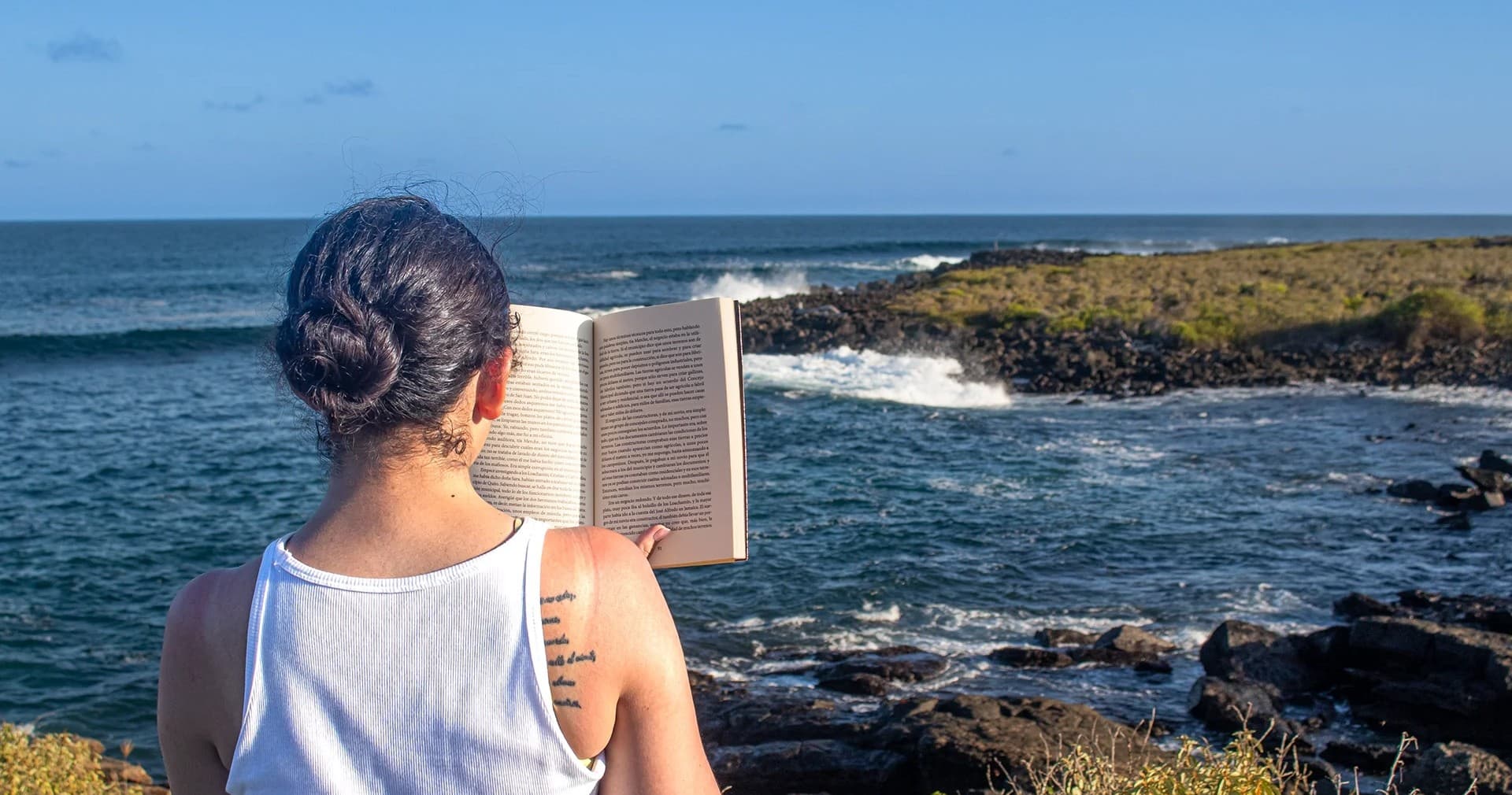 Person reading book overlooking rocky shoreline and blue ocean, Galápagos
