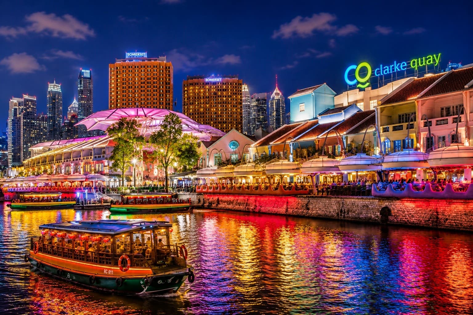 Colorful Clarke Quay river cruise and riverside nightlife in Singapore
