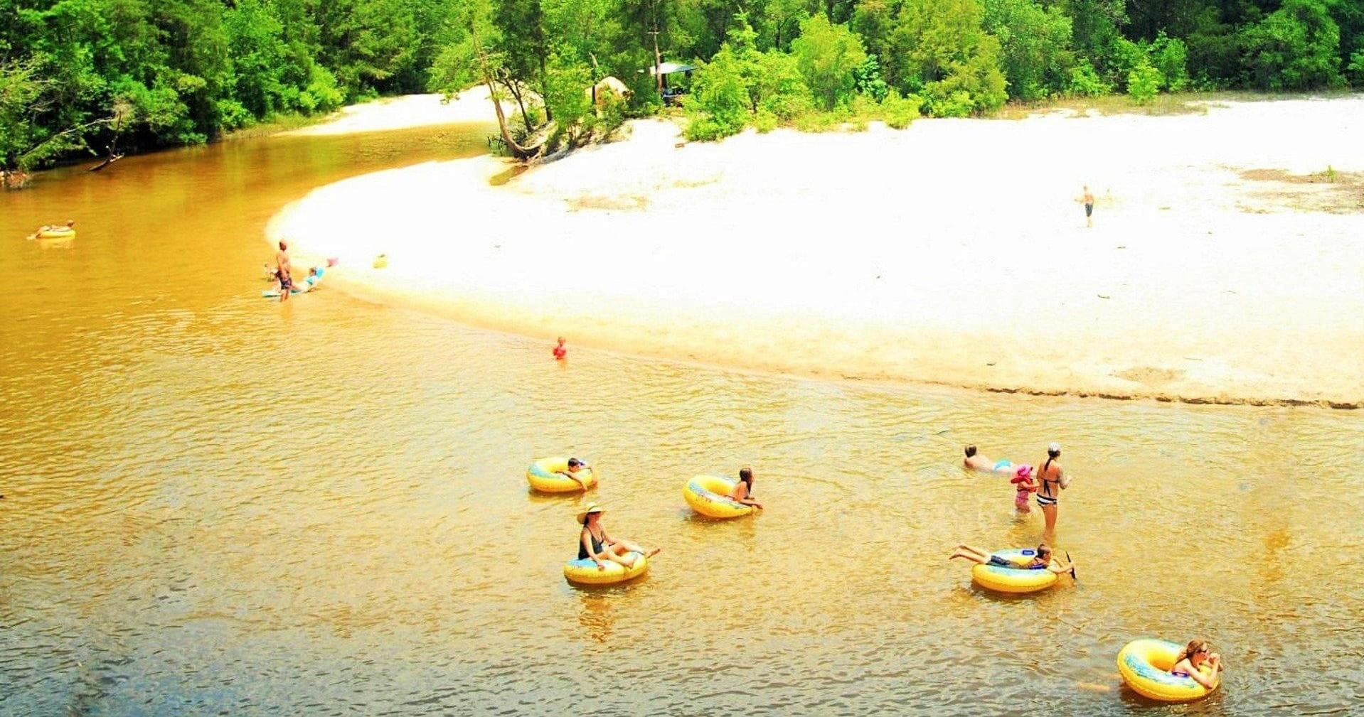 Tubers floating on sandy blackwater river near sunlit sandbar