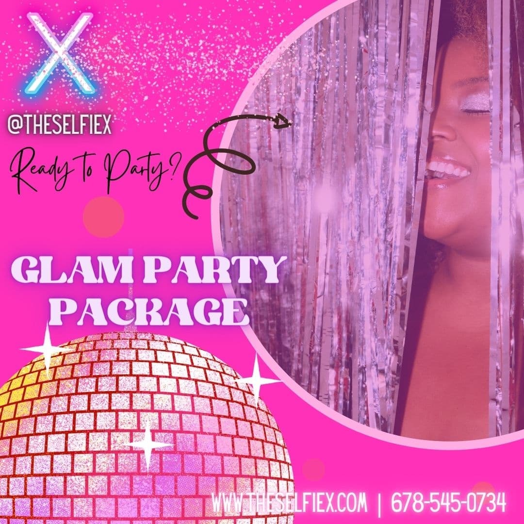 Glam party promotional image with disco ball and curtain backdrop