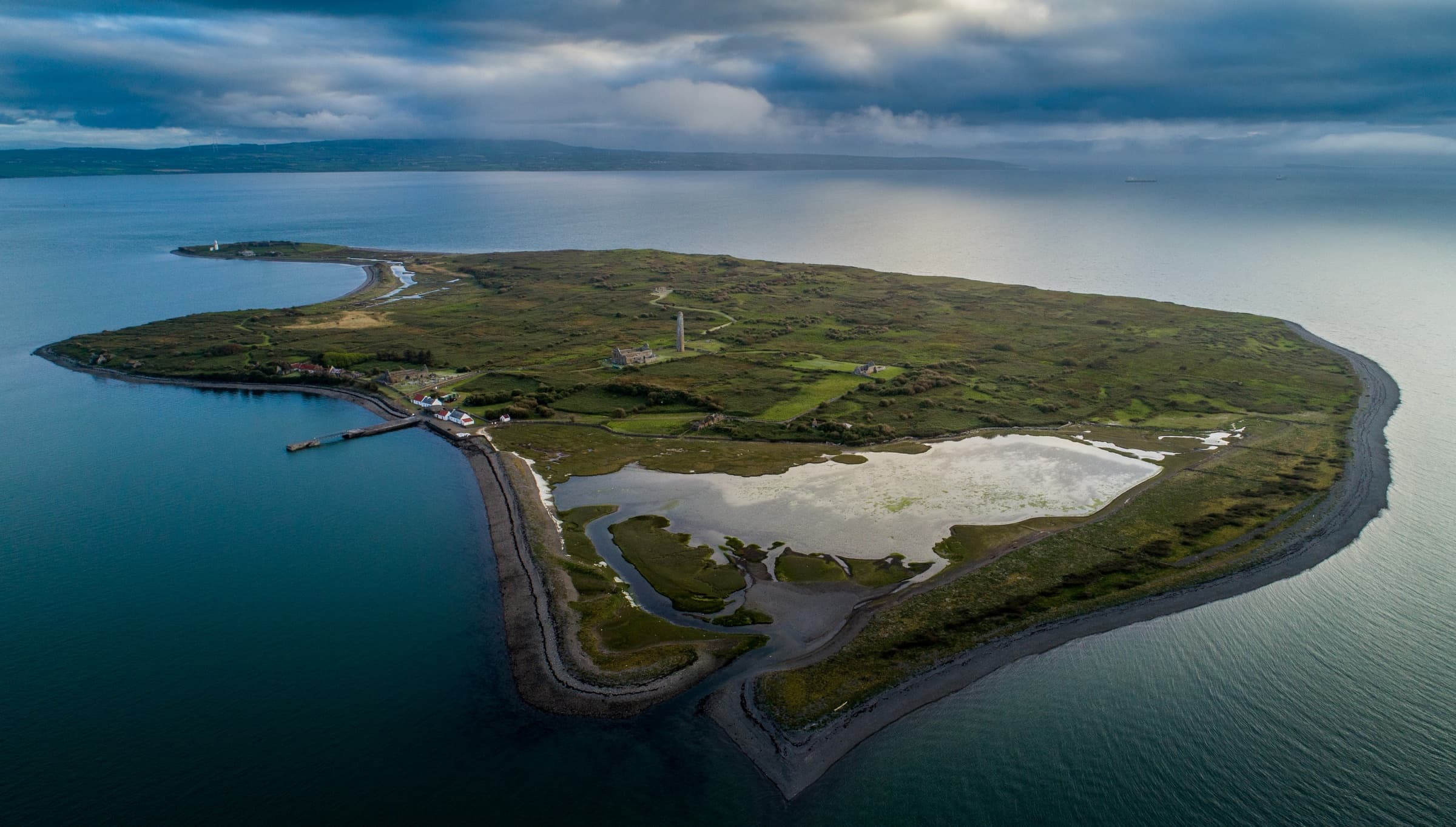 Wide aerial panorama of Scattery Island coastline and marshes