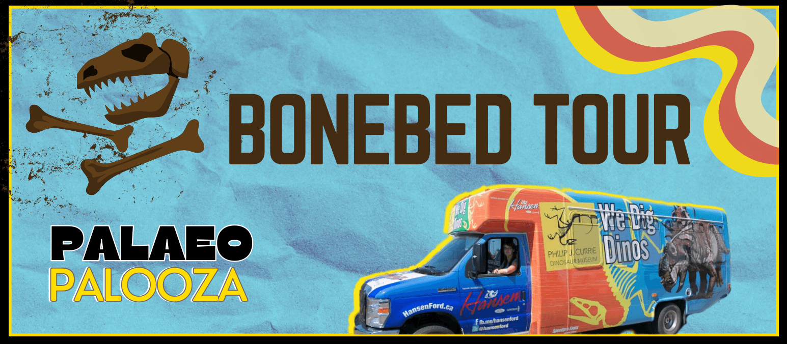 Colorful Bonebed Tour banner promoting mobile palaeo outreach truck
