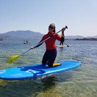 Stand-up paddleboarder paddling on clear coastal bay under sun