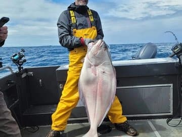 Angler holding a giant halibut on deck during sport fishing trip