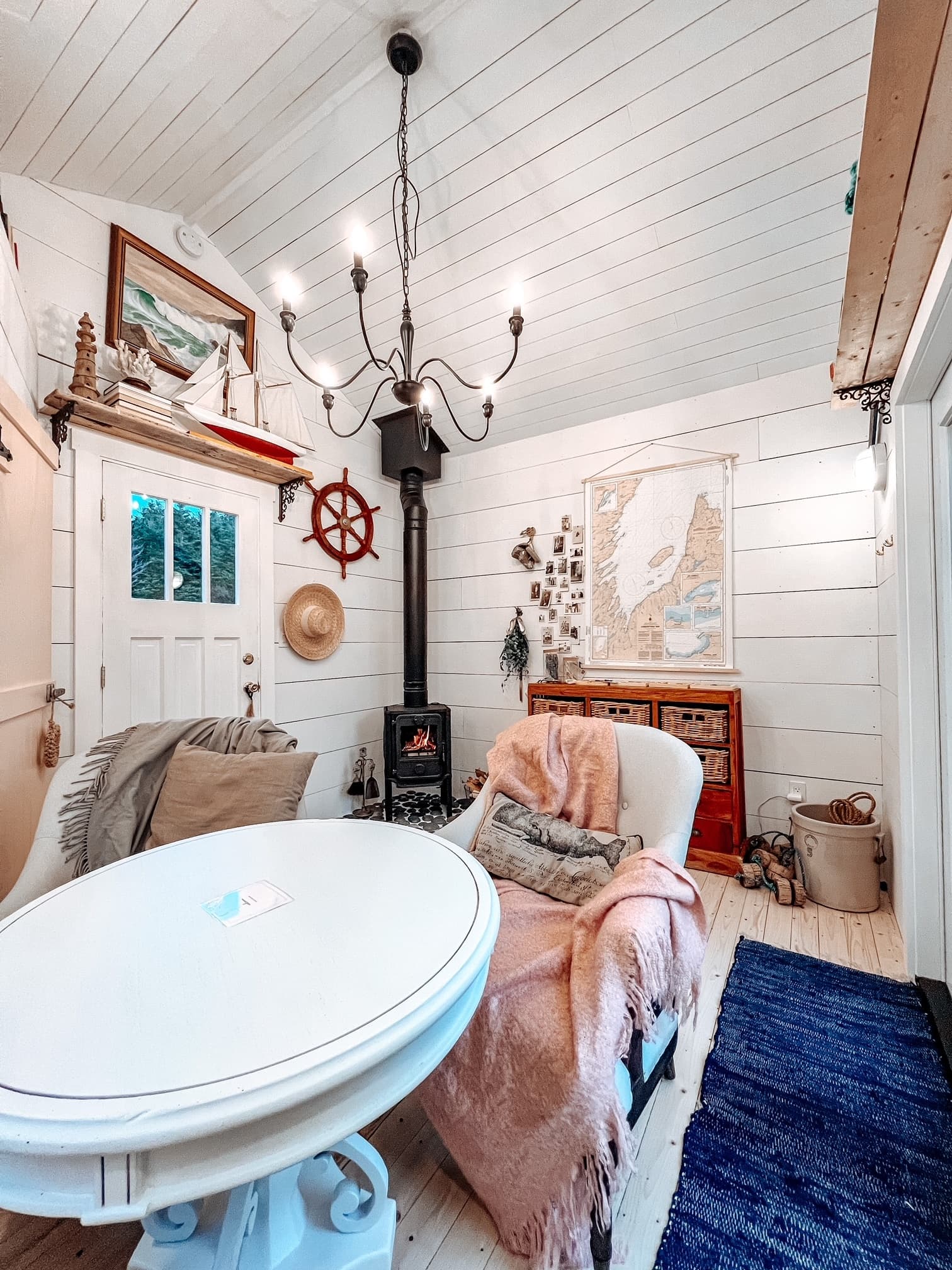 Cozy nautical tiny cabin interior near seaside village for relaxing retreat