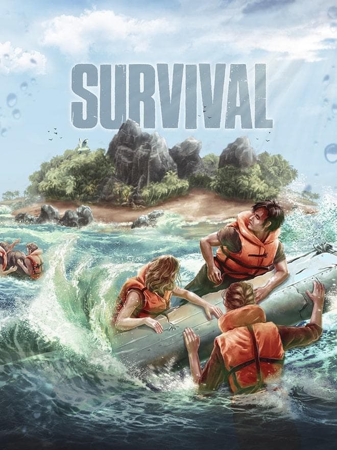 Survivors rafting through ocean surf toward rocky island shoreline