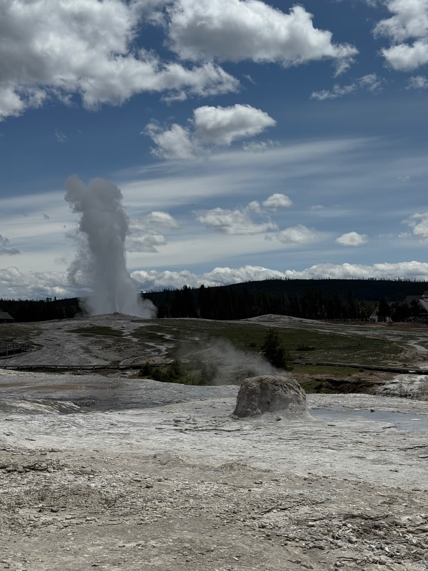Geyser eruption across geothermal basin at Yellowstone National Park
